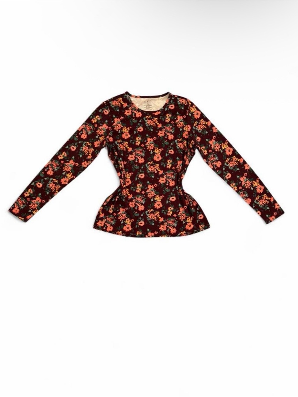 100% Cotton L.L. Bean Black Long-Sleeve Floral Peplum Top with Coral Accents